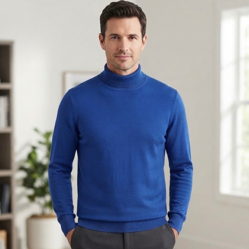 Paul Fredrick Mens Royal Blue Silk Cotton Cashmere Blend Turtleneck Sweater Med